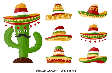 Mexican cartoon cactus with Set of sombreros with colourful ornaments art. Hat on isolated background for your design .Vector 