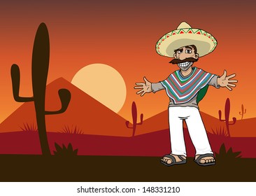 Mexican Cartoon Character Standing In The Desert At Sunset, Vector Illustration