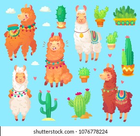 Mexican cartoon  cute alpaca with white wool, Peru desert llama and cactus isolated. Funny lama animals vector set