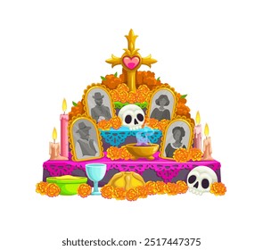 Mexican cartoon day of the dead dia de los muertos ofrenda altar adorned with traditional offerings, like marigold flowers, candles, skulls, food, golden cross and framed photos of deceased ancestors