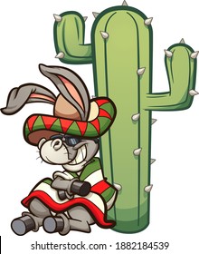 Mexican cartoon donkey resting on a cactus. Vector clip art illustration with simple gradients. Donkey and cactus on separate layers.
