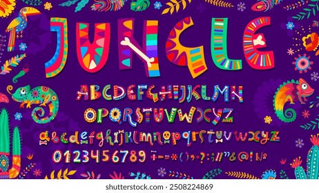 Mexican cartoon font with colorful Hispanic typeface of flowers and tropical animals, vector English letters. Day of Dead or Dia De Los Muertos Mexican font with calavera skulls and bones for ABC type