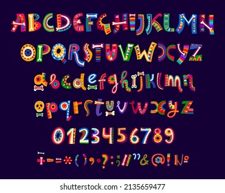 Mexican cartoon font of vector alphabet letters and numbers type. Mexico and Latin America typeface, calligraphy font with bright color floral ornaments, Day of the Dead sugar skulls and bones pattern