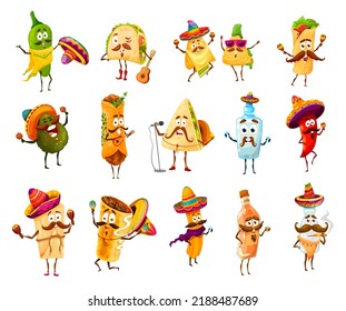 Mexican cartoon funny happy characters. Vector tex mex tequila, mariachi tacos, burrito and nachos playing on instruments, avocado, quesadilla and tamales, churros, jalapeno, mezcal and pulque bottles