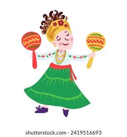 Mexican cartoon little girl with maracas in national costume, vector illustration isolated on white background, folk musician kid, Mexico colorful illustration, decorative Spanish dress for design