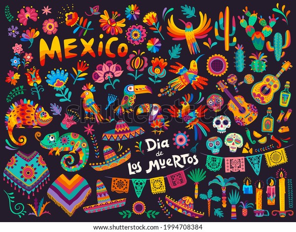 Mexican cartoon symbols of vector Dia de los\
Muertos or Day of Dead holiday background. Mexico Halloween sugar\
skulls, fiesta party sombrero hats and guitar, marigold flowers,\
altar and cactuses