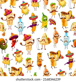 Mexican cartoon Tex Mex food characters seamless pattern, vector background. Mexican cuisine food and drinks pattern of funny burrito, taco and tequila in sombrero with guitar and maracas on fiesta svg