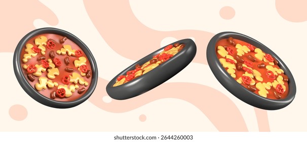 Mexican casserole in round pan. Bright dish for hearty lunch, dinner. Festive decorative element