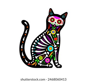 Tatuaje de animal de gato mexicano. Día de los muertos, día de los muertos Vector felino mascota calavera de azúcar. Gato vibrante y estilizado, con coloridos patrones florales y detalles esqueléticos