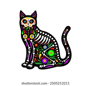 Mexican cat animal tattoo with skeleton bones and flowers ornament, vector icon. Day of the Dead or Dia De Los Muertos Mexican holiday cat with calavera skull and ethnic floral ornament for tattoo