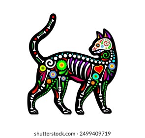 Mexican cat animal tattoo with skull and skeleton bones in floral ornament, vector silhouette. Mexican culture and ethnic art tattoo of wild cat animal skeleton with heart and flowers decor pattern