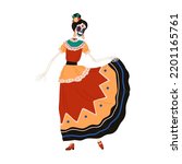 Mexican Catrina Calavera skeleton dancing in dress. Woman disguised in Katrina costume for El dia de los Muertos, Day of Dead holiday party. Flat vector illustration isolated on white background