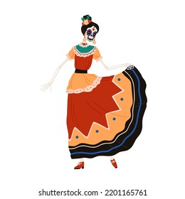 Mexican Catrina Calavera skeleton dancing in dress. Woman disguised in Katrina costume for El dia de los Muertos, Day of Dead holiday party. Flat vector illustration isolated on white background