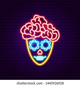 Mexican Catrina Neon Sign. Vector Illustration of Day of the Dead Promotion.