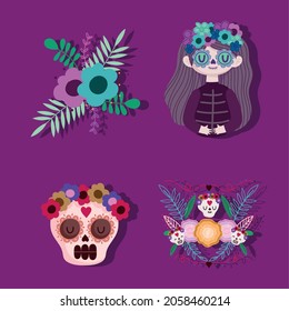 mexican catrina skull and flowers set