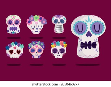 mexican catrinas skulls and flowers, set