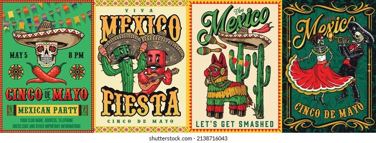 Mexican celebration colorful vintage posters set with calavera skull above crossed chili peppers, cactus and chili pepper in sombrero hats playing musical instrument, pinata, dead woman dancing to