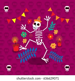 Mexican celebration day of the dead skull background. Different elements like candle flowers, confetti and leaves