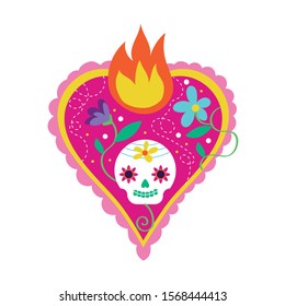 mexican celebration heart with skull mask and flame vector illustration design