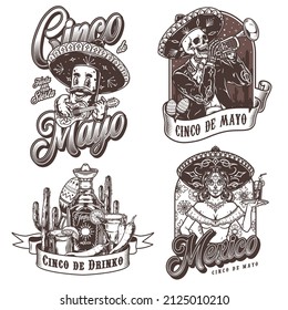 Mexican celebration monochrome vintage labels set with waitress with painted face holding cocktail glass, cactuses, chili pepper playing guitar, tequila drinks, skeleton with trumpet, vector