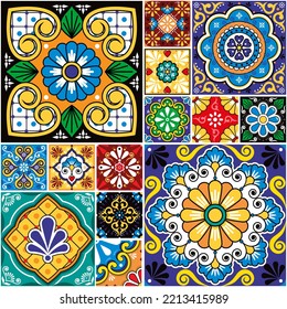 Baldosas de talavera cerámica mexicana de gran colección, vectorial retro sin costura perfecto para impresión de pañales, textiles o tela. Decoración casera tradicional con flores, remolinos inspirados en el arte de la cerámica