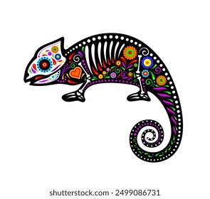 Mexican chameleon lizard animal tattoo with skull and bones in flowers ornament, vector skeleton silhouette. Chameleon lizard tattoo with heart and marigold flowers in Mexican ethnic art decoration