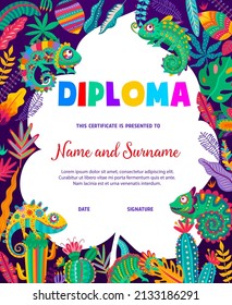 Mexican Chameleon Lizards, Cactus And Flowers, Kids Diploma Vector Education Certificate. School Certificate Award Or Diploma With Mexican Fiesta Pattern On Chameleon Reptiles And Cactus Flowers