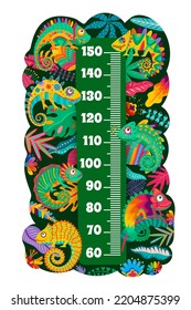 Mexican chameleon lizards on kids height chart. Child growth meter scale with color chameleons, lizard exotic animal, tropical palm plant leaves and flowers ornaments