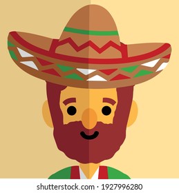 Mexican character flat design, simple mexican character vector, character with hat