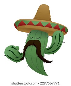 Mexican character of a green cactus with big mustache wearing a charro hat. Isolated design with gradient effect.