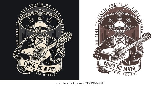 Mexican character monochrome vintage emblem with one-eyed skeleton musician in sombrero hat and charro jacket playing painted guitar against cactuses, vector illustration