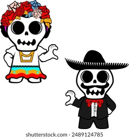 mexican character skull cartoon couple pack collection illiustration in vector format