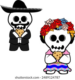 mexican character skull cartoon couple pack collection illiustration in vector format