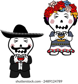 mexican character skull cartoon couple pack collection illiustration in vector format