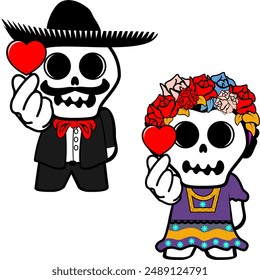 ilustración de la colección de la pareja de la calavera del personaje mexicano en formato de Vector