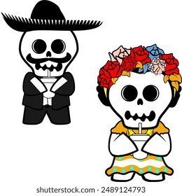 mexican character skull cartoon couple pack collection illiustration in vector format