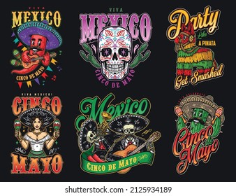 Mexican characters colorful vintage stickers set with chili pepper in sombrero playing guitar, sugar skull with cactuses, pinata toy, woman shaking maracas, mariachi musicians in charro outfits