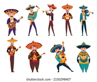 mexikanische Charaktere. Musiker der Mariachi-Musikgruppe in traditionellen dunklen Kleidern und Sombreros, die auf typischen Musikinstrumenten wie Gitarre, Akkordeon, Maracas, Tube spielen