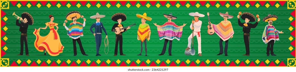 Personajes mexicanos, músicos de mariachi, vaquero charro, bailarina y jimador, caricatura vectorial. Fiesta de fiestas mexicanas en el tradicional sombrero latino y poncho con guitarras y maracas