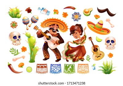 Mexican characters and objects set. People in traditional clothes. Mexican national symbols. Day of the Dead holiday. Vector illustration isolated on white