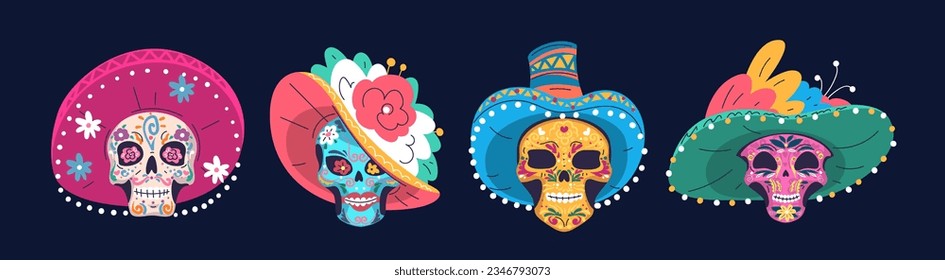 Mexican characters skulls. Sugar skull face for day dead party celebration, deadly creatures artwork skeleton catrina de los muertos or halloween mexico, classy vector illustration of mexico hispanic