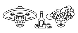Mexican characters sugar skulls - mariachi in sombrero and elegant woman in feather hat. Tequila for two. Skeleton icons for Day of the Dead party celebration. Editable stroke, line thin icon.