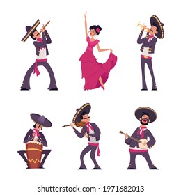 Mexican characters. Traditional authentic hispanic mexican person male and female national clothes sombreros charros exact vector cartoon people