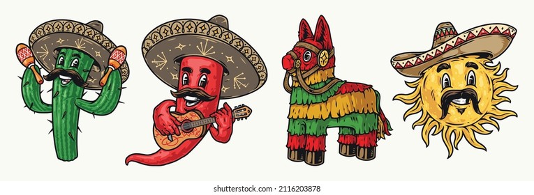 Mexican characters vintage elements set with pinata horse toy, mustachioed sun in sombrero, chili pepper playing guitar, cactus holding maracas isolated vector illustration