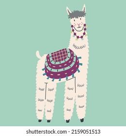 Mexican Cheerful Furry Llama Character On Blue Background. Alpaca Animal Hand Drawn Doodle Naive Design Vector Art Clipart Illustration