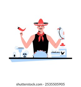 Chef Mexicano Segurando Taco E Chilli Em Ilustração De Vetor Plano Simbolizando Cozinha Mexicana, Preparação De Alimentos E Serviço De Restaurante, Isolado Em Fundo Branco.