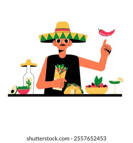 Mexican Chef Preparing Tacos And Burritos In Flat Vector Illustration Symbolizing Traditional Cuisine, Culinary Arts, And Mexican Food Culture, Isolated On White Background.