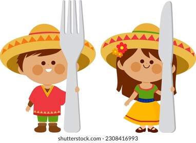 Mexican children holding a fork and a knife. Kids meal. Vector Illustration