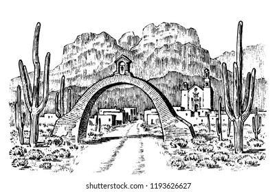 Mexican or Chilean town. Historical architecture with buildings and a gate. Engraved hand drawn in old sketch and monochrome vintage style. Travel postcard.