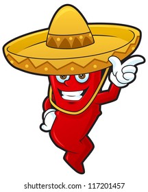 mexican chili cartoon wearing sombrero hat